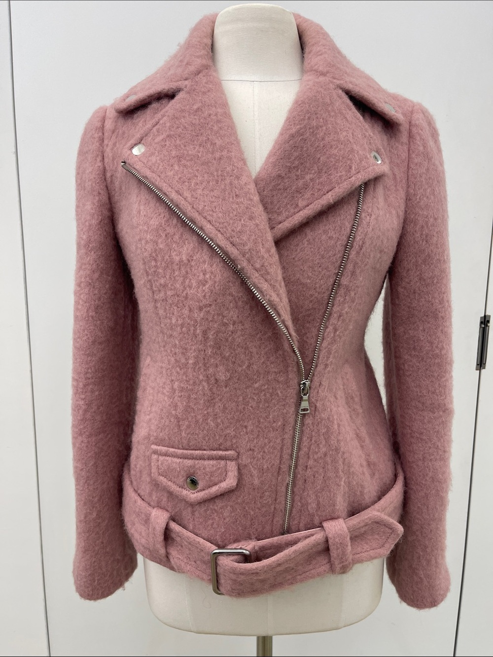 Express Rose Pink Wool-Blend Moto Jacket with Belt